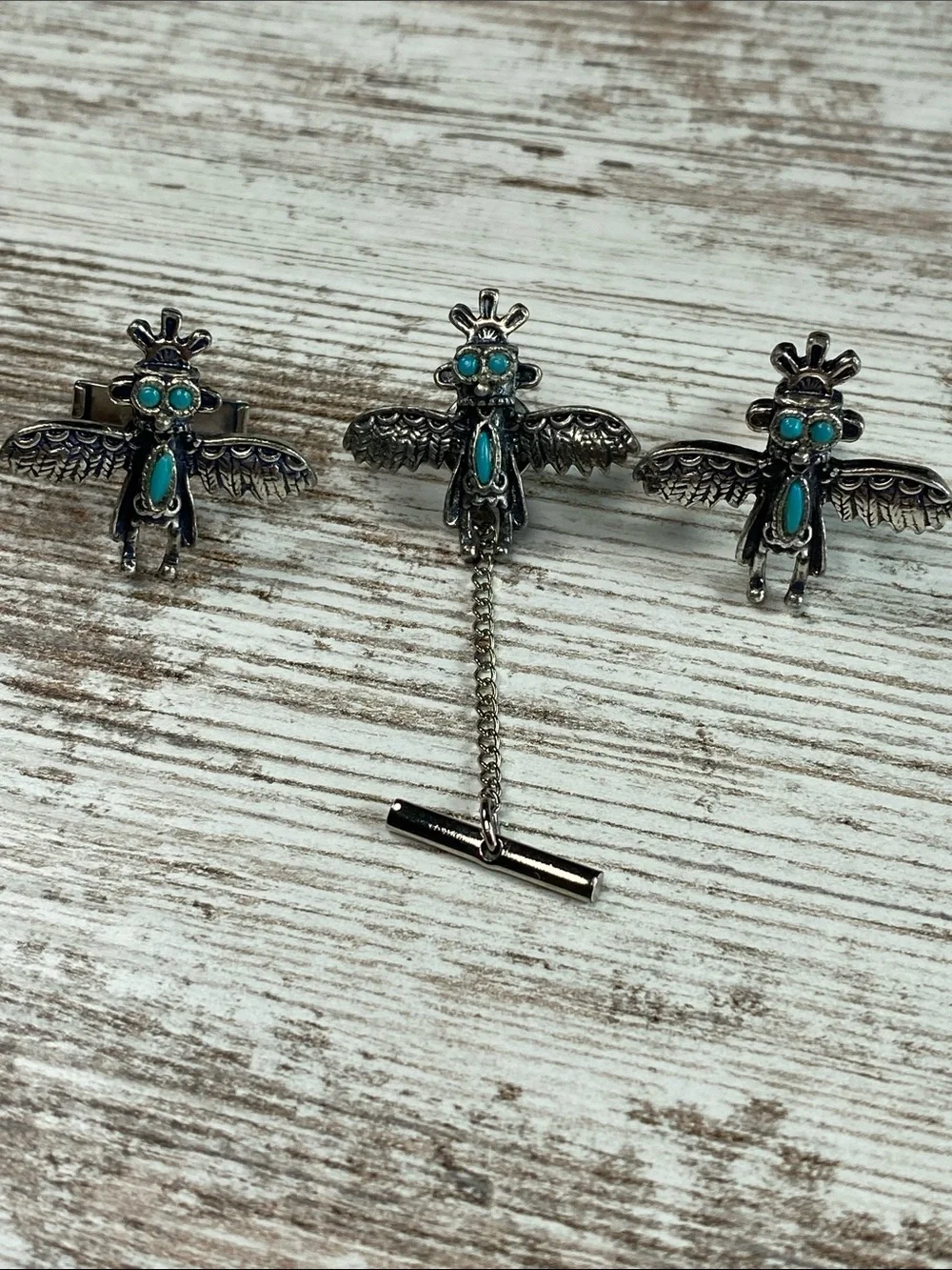 Vtg Thunderbird Kachina Cufflinks Tie Tac Set Faux Turquoise Fred Harvey Style
